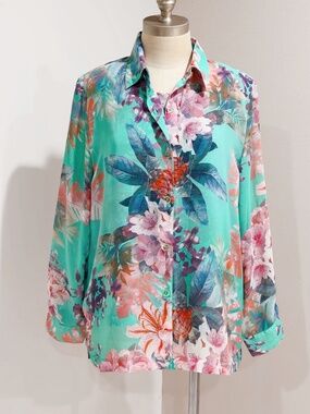 Drapers & Damons Sheer Floral 2-Piece Set Tank Top & Button-Up Shirt Size L